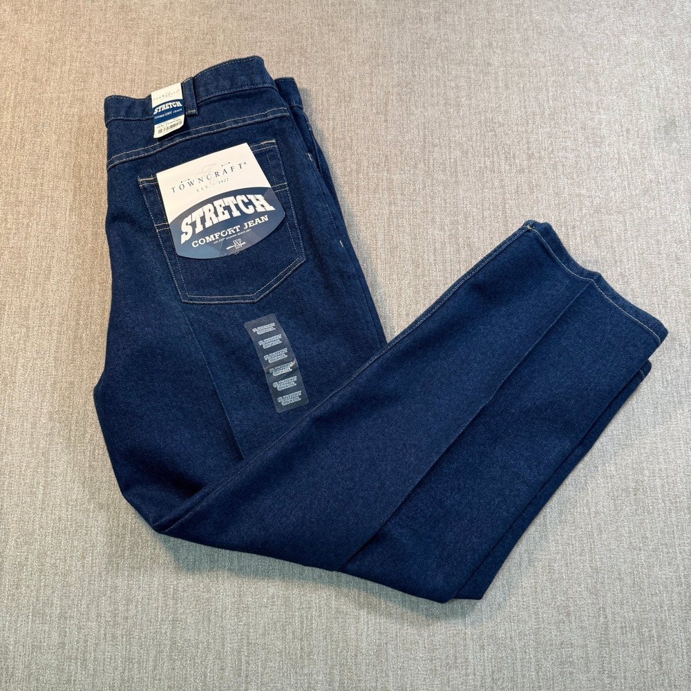 Towncraft Mens Stretch Comfort Jeans Dark Indigo Blue Straight Leg 38x29 NWT